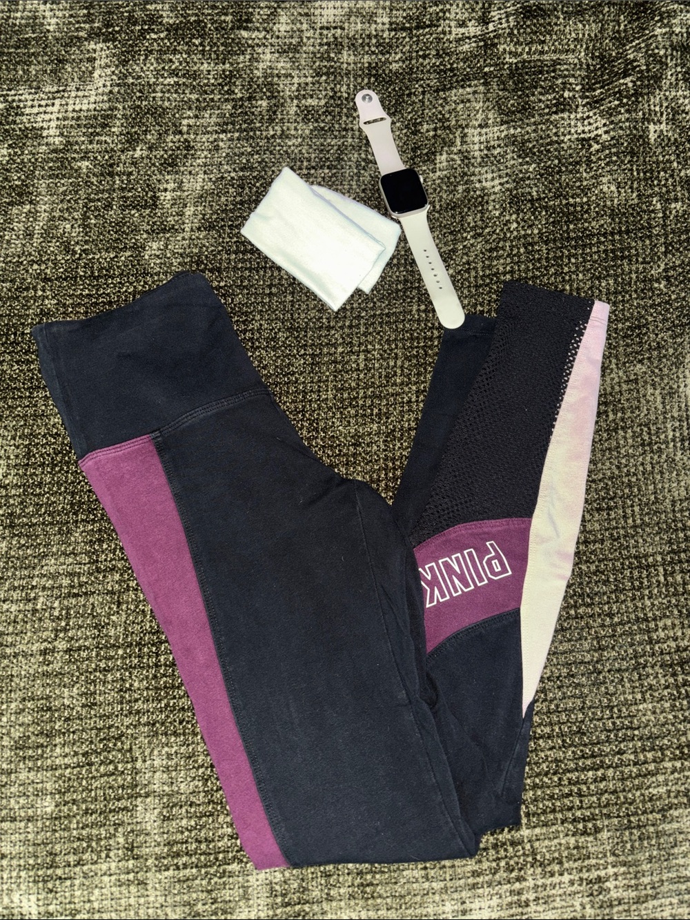 PINK Victoria's Secret Black Leggings with Plum & Light Pink Panels